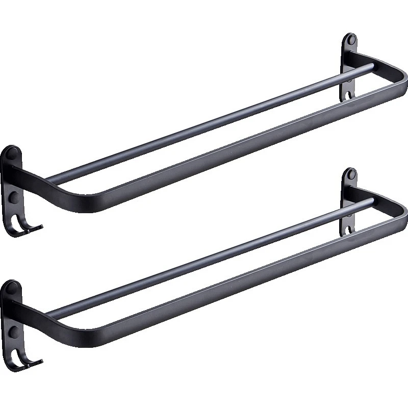 

2X 60 Cm Wall Mount Black Towel Rack Aluminum Double Rod Towel Bar With Hook For Home Hotel Bathroom Shower Accessories