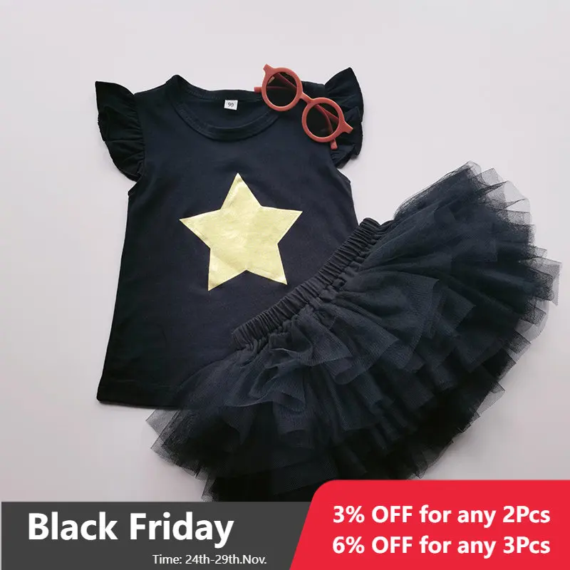 

Girls Lace Skirt Sets 2pcs Rainbow Black Tutu Skirts Ruffle Sleeve T-shirts Baby Girl Fly Sleeve Tees Summer Children Clothes
