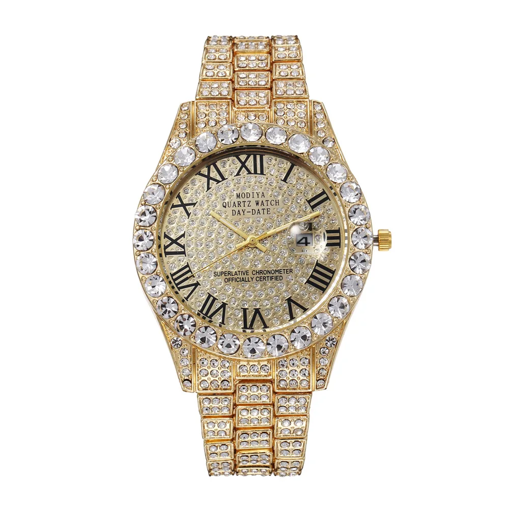 

Fashion Diamond Men's Watch Calendar Roman Scale Hip Hop Banquet Style Hand Clock Alloy Stainless Steel Strap Male's Wristwatch