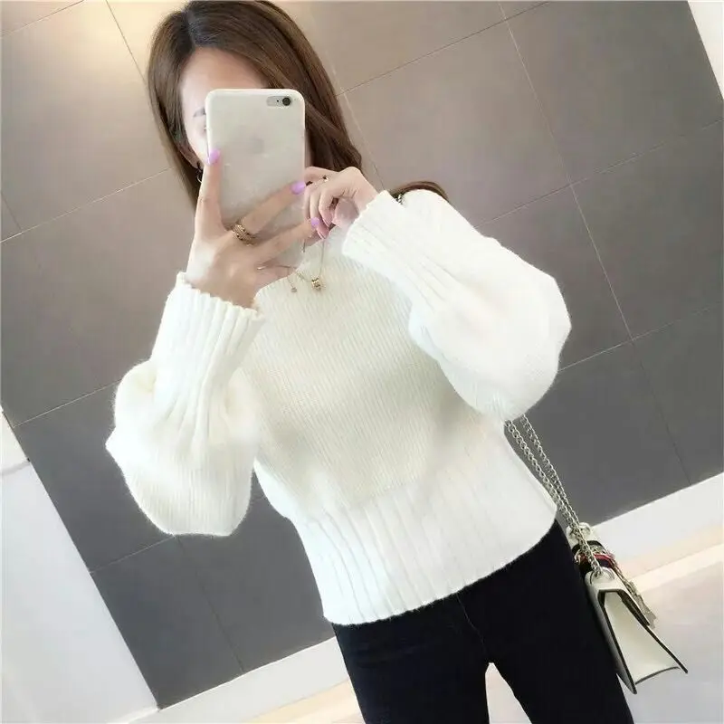 

Women 2022 Autumn Winter New Korean Loose Pullover Tops Female Short Round Neck Knit Tops Ladies Long Sleeve Sweater Tops Y245