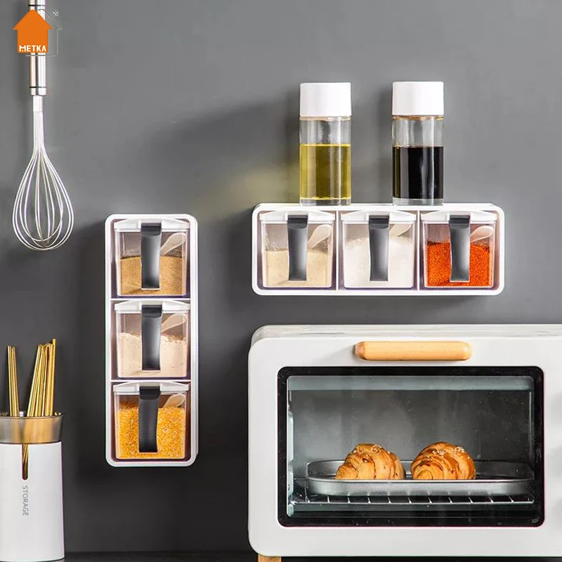 

Seasoning Box Set Moisture-proof Spice Pots with Spoon Wall Mount Sugar Bowl Salt Storage Container Kitchen Supplies