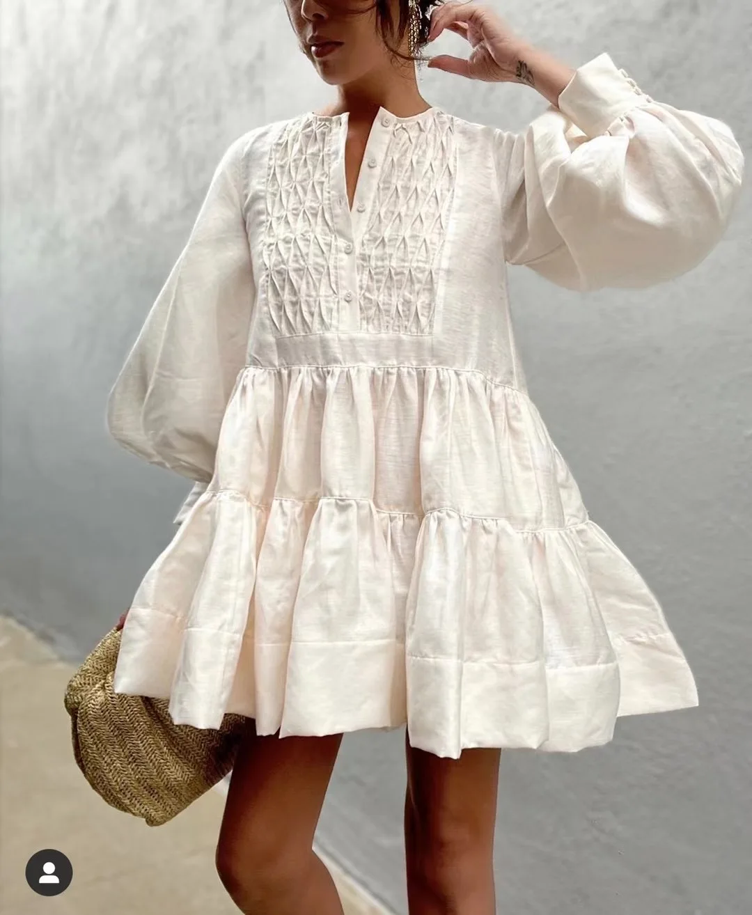 

Women Argyle Folds Lantern Long Sleeve Linen Mini Dress