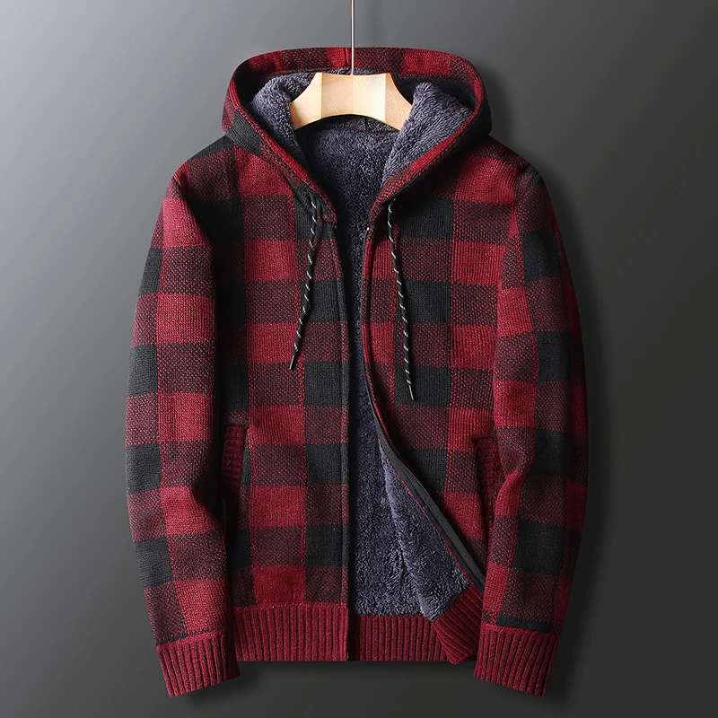 Men's Autumn and Winter Fleece Thickened Sweater Knitted Plaid Cardigan Coat Long-sleeved Hooded 5 Colors New Casual Loose