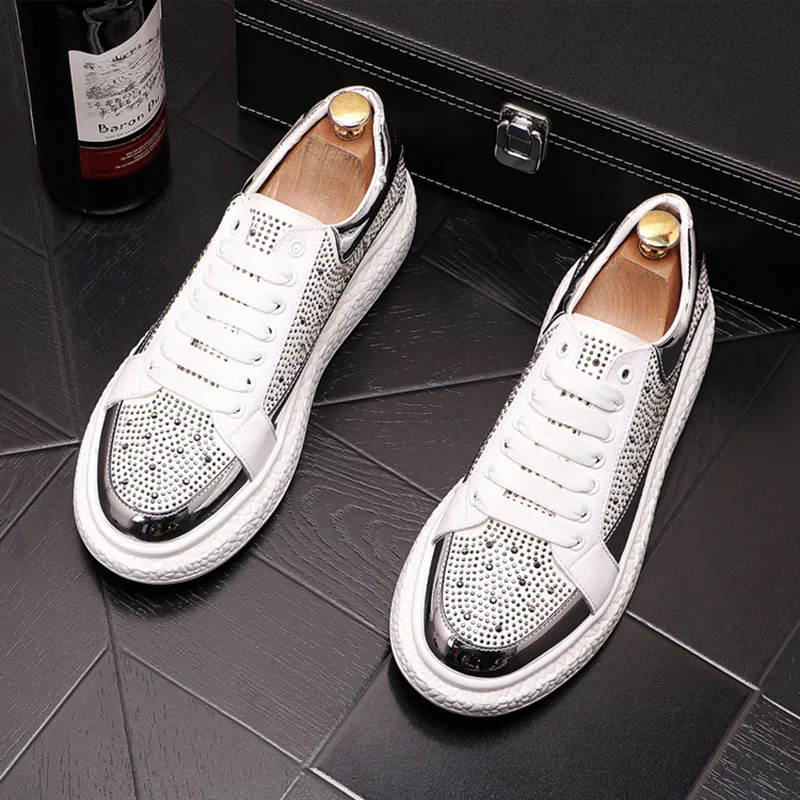 

men's luxury fashion stage nightclub dress soft leather shoes lace-up flats shoe rhinestone platform sneakers young footwear man