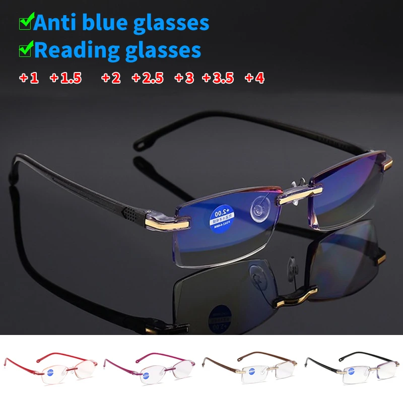 

Очки для чтения без оправы для мужчин и женщин, без оправы, с блокировкой синего света, прямоугольные пресбиопические очки с диоптриями + 1,0, 1...