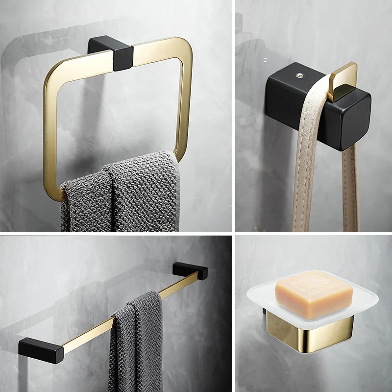 

Black Gold Stainless Steel Bathroom Hardware Set Toilet Paper Holder Toothbrush Holder Towel Shelving Tray Soap Dish Robe Hook
