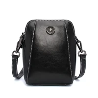 cowhide wax oil leather cellphone bag woman sunflower double zipper shoulder bag vintage solid color small square bag
