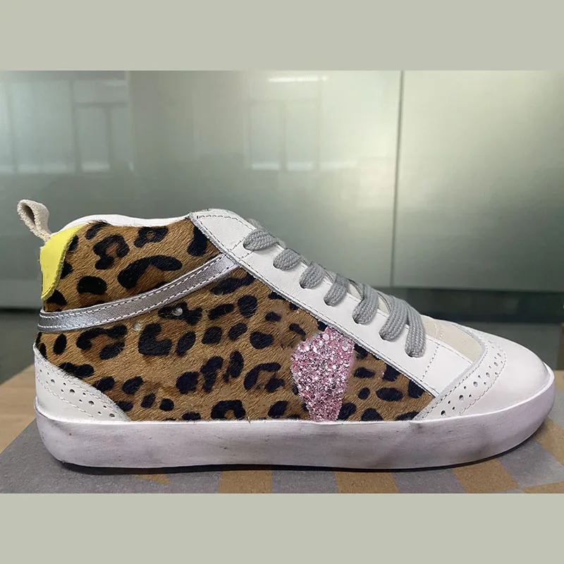 

Four Seasons Parent-child Fashion Leopard Print Sequins Retro Old Small Dirty Shoes Middle-top Sports Casual Shoes Non-slip ST22