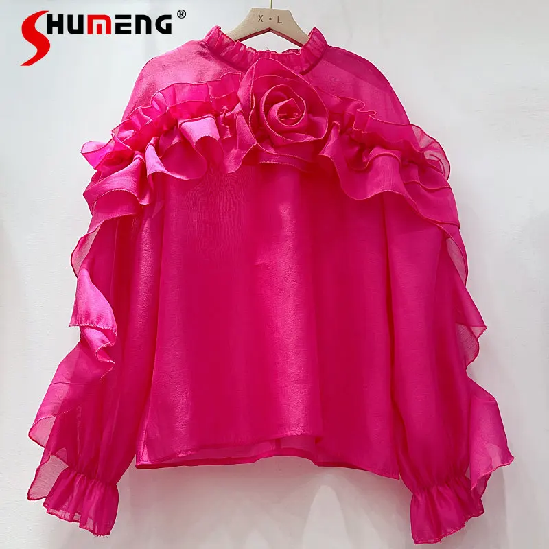 

Fashion Irregular Ruffled Stitching Sweet Ruffles Flower Blouses Top Women 2023 Spring Stand Collar Pullover Chiffon Shirt