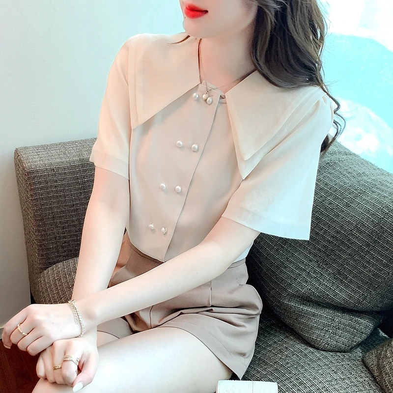 

Chiffon Women's Shirt New Fashion Casual Short Sleeve Top Solid Color Doll Collar Summer Blouse Houthion