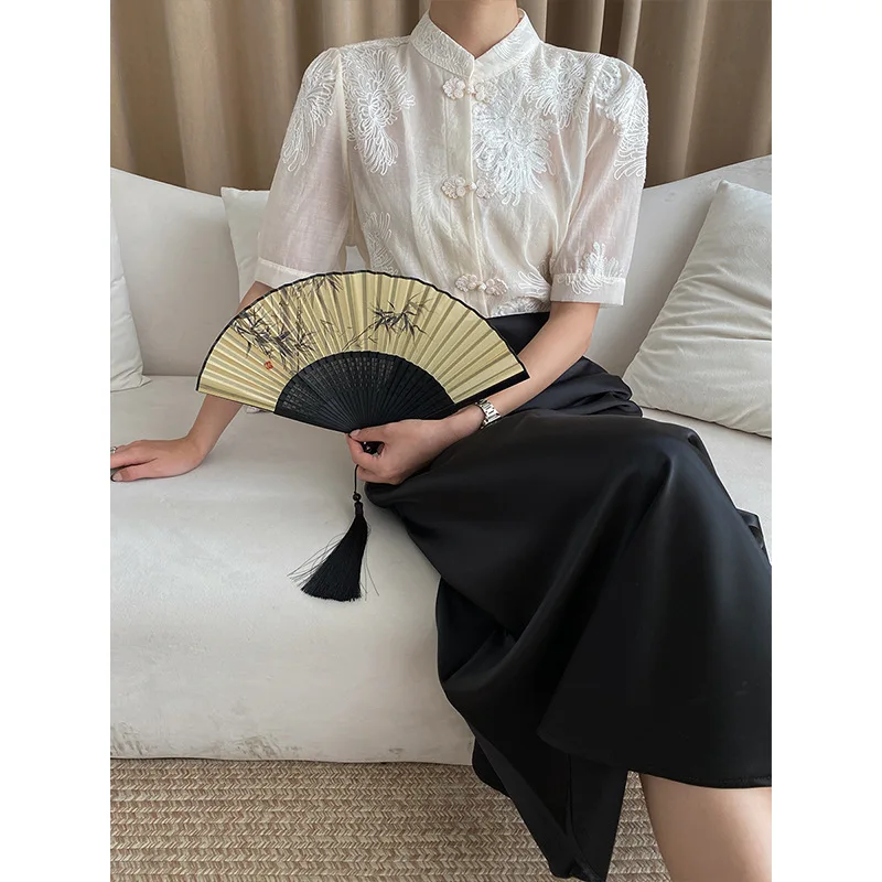 

Блузка в китайском стиле, рубашка белого цвета с цветочной вышивкой и короткими рукавами, женские топы, одежда