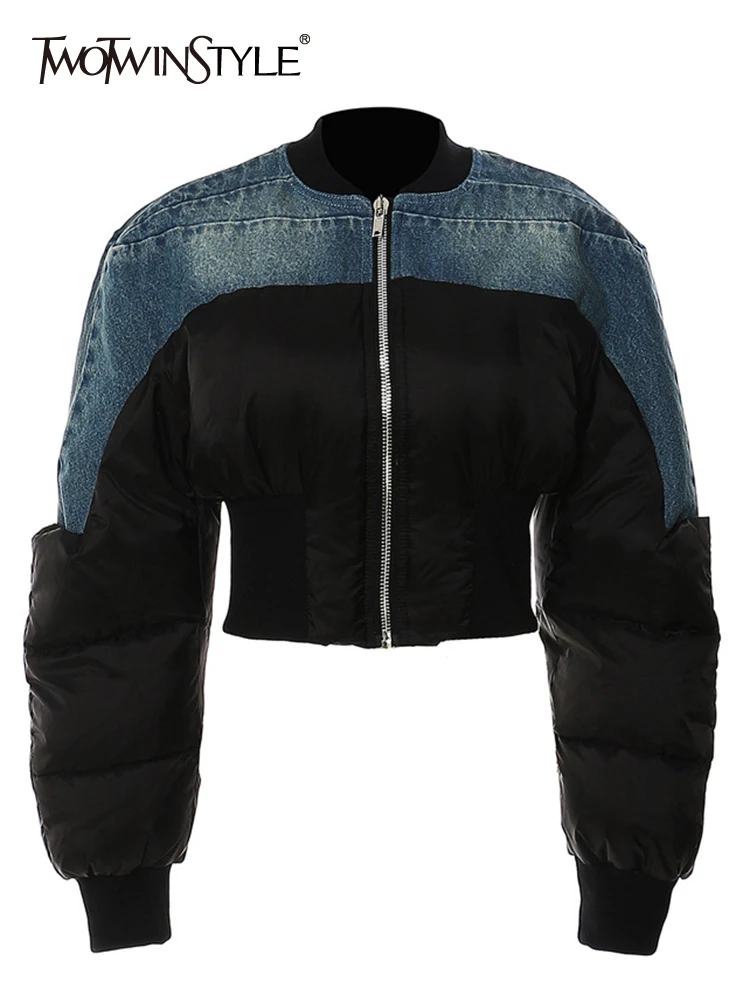 

Женская Повседневная парка TWOTWINSTYLE, разноцветная Лоскутная джинсовая парка с круглым вырезом и длинным рукавом, пальто на молнии, 2023