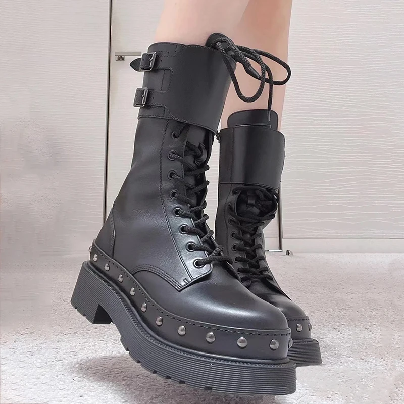 

Martin Boots British Street New Style Thick Soled Womens Boots Autumn/Winter Vintage Knight Boots Mid Barrel Rivet Women's Boots