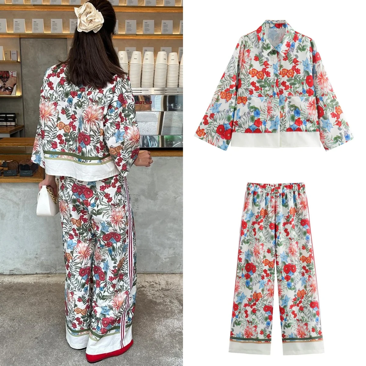 Брюки женские льняные с цветочным принтом длинным рукавом и отворотом