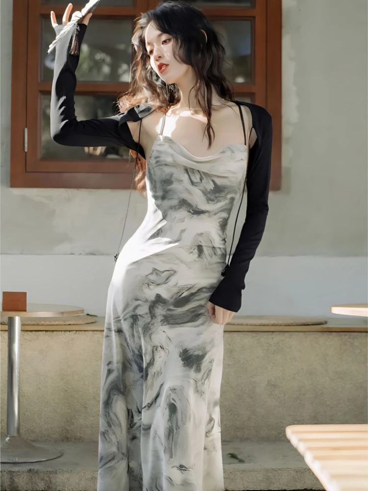 

Платье в китайском стиле Y2k, складное платье на бретелях, с чернильным принтом, на завязках, с открытой спиной, ТРАПЕЦИЕВИДНОЕ, пикантное облегающее, для лета