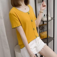 women o neck solid color top summer female single button knitted short sleeve t shirt girls vintage basic elegant t shirts a56