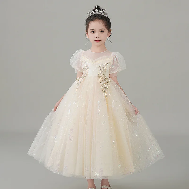 

Flower Girls Cute Princess Ball Gowns Long Tulle Dress Kids for Birthday Party Luxury Evening Pageant Dresses Champagne Children