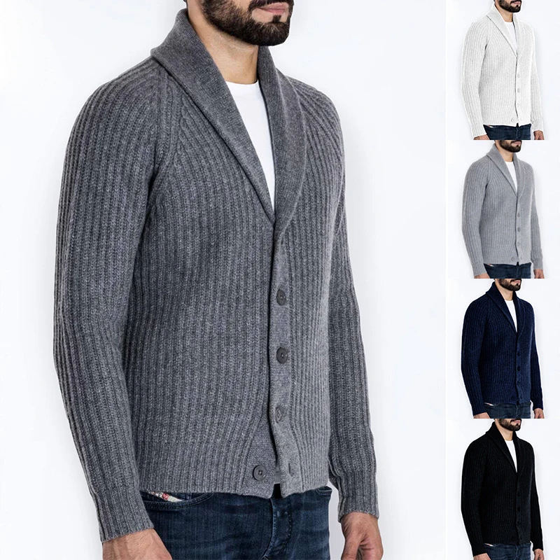 

2022 Spring Men's Knitted Sweater Solid Color Laple Collar Long Sleeve Cardigan V-neck Single Breasted Tops Male Clothes Sweater