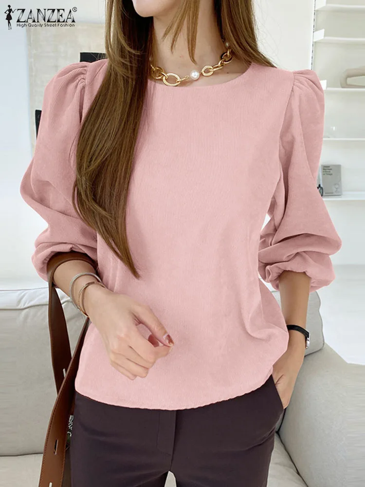 

Весна Элегантная однотонная женская блузка ZANZEA с круглым вырезом 2023 свободная Тонкая блузка в винтажном стиле офисная блузка