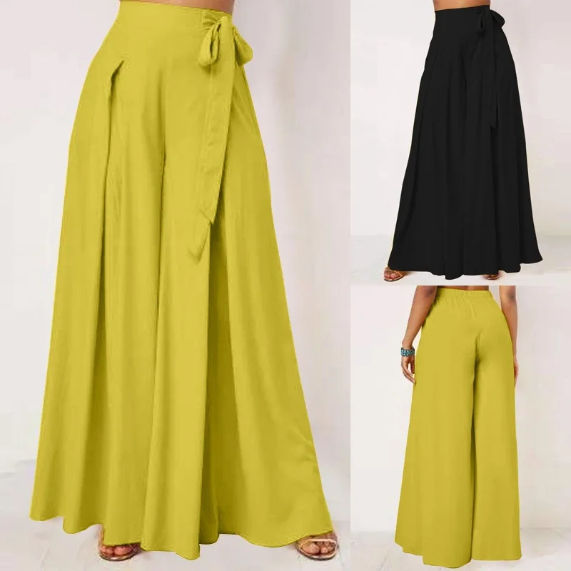 Casual Lace Up High Waist Lady Pleated Skirt Pants Summer Women Solid Color Loose Wide Leg Pants Spring Flowing Chiffon Trousers