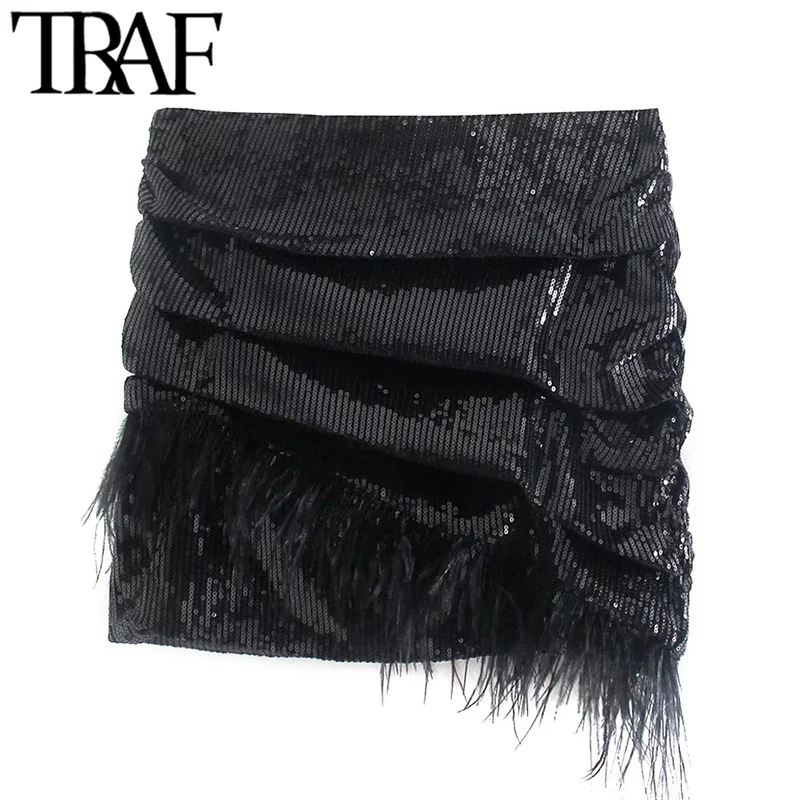

TRAF Women Chic Fashion With Tassel Pleated Sequin Party Mini Skirt Vintage High Waist Side Zipper Female Skirts Mujer