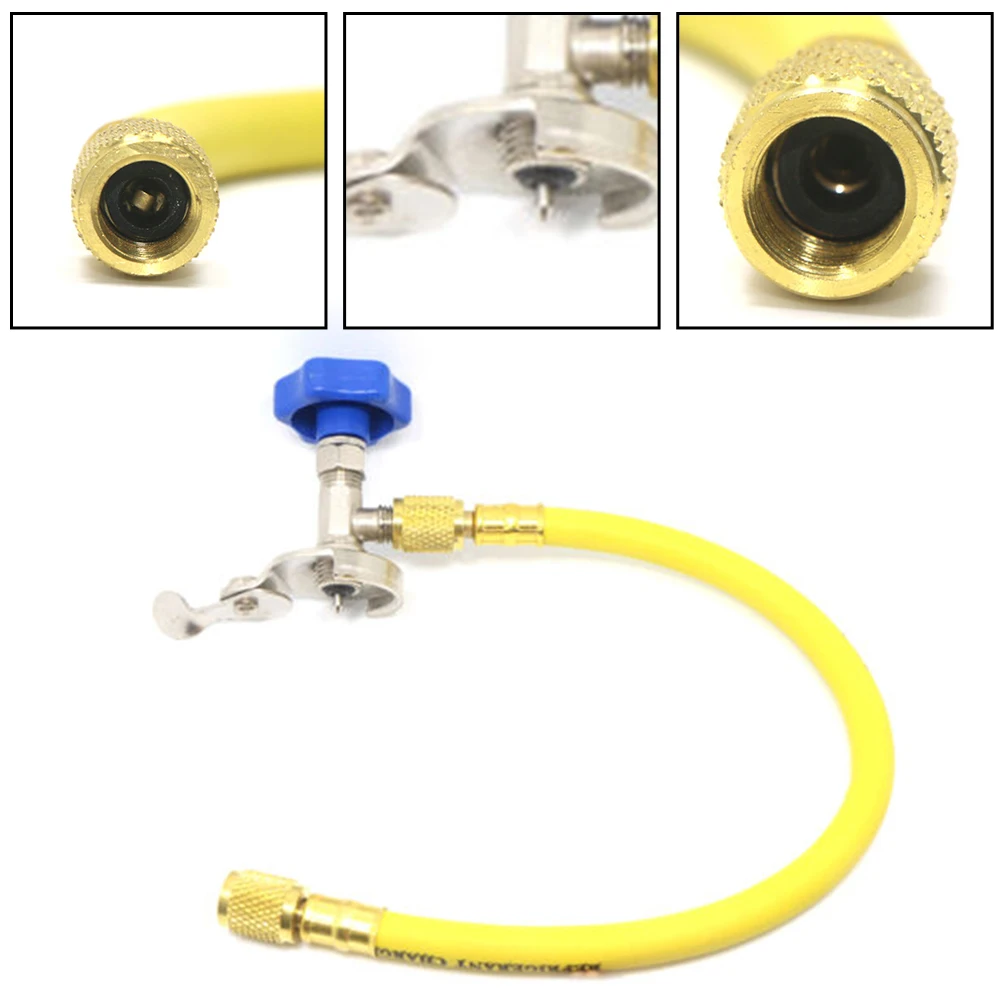 

Car A/C R12 R22 Can Tap Refrigerant Charging Recharge Hose Valve 1/4SAE Thread With Small Containers Stainless Steel+Rubber