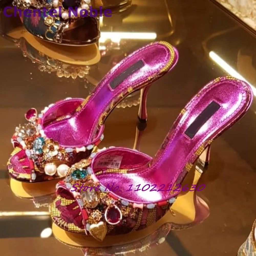 

Colorful Crystal Decro Sandals Round Toe Thin High Heels Stilettos Summer Fashion Sexy Luxury Women Shoes Party Dress Shoes New