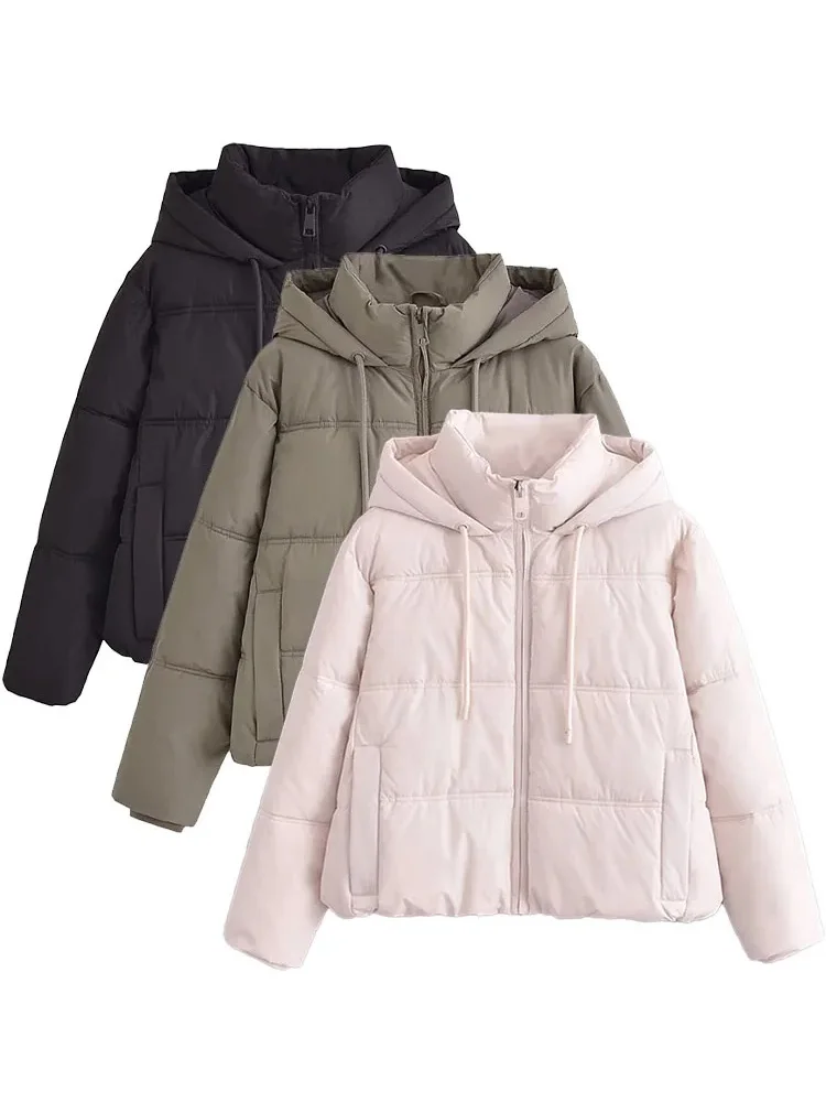 

Женское зимнее Стеганое пальто HH TRAF с капюшоном, Повседневная легкая верхняя одежда на молнии с длинными рукавами и карманами, модные теплые укороченные куртки