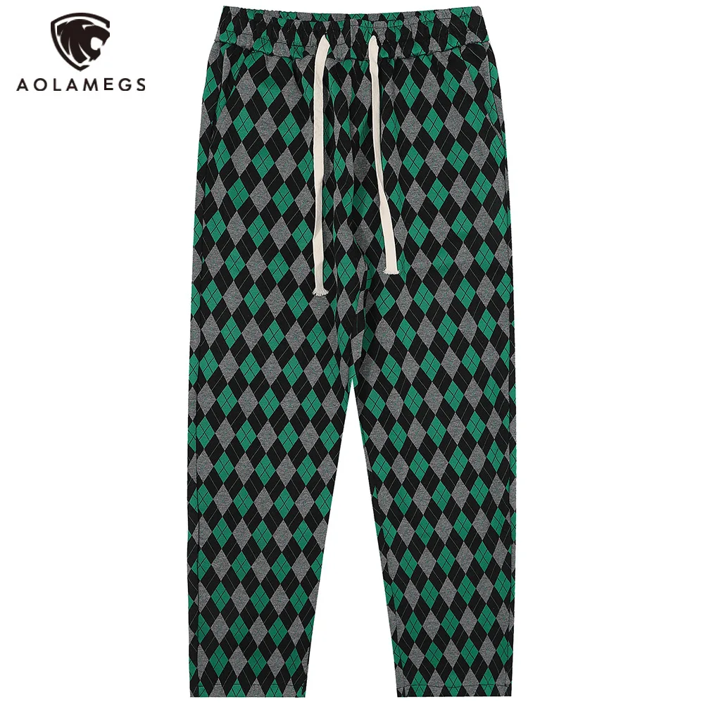 

Aolamegs Men's Pants Hit Color Plaid Knit Drawstring Elastic Waist Harem Trousers Casual Fashion Soft High Street Men's Clothing