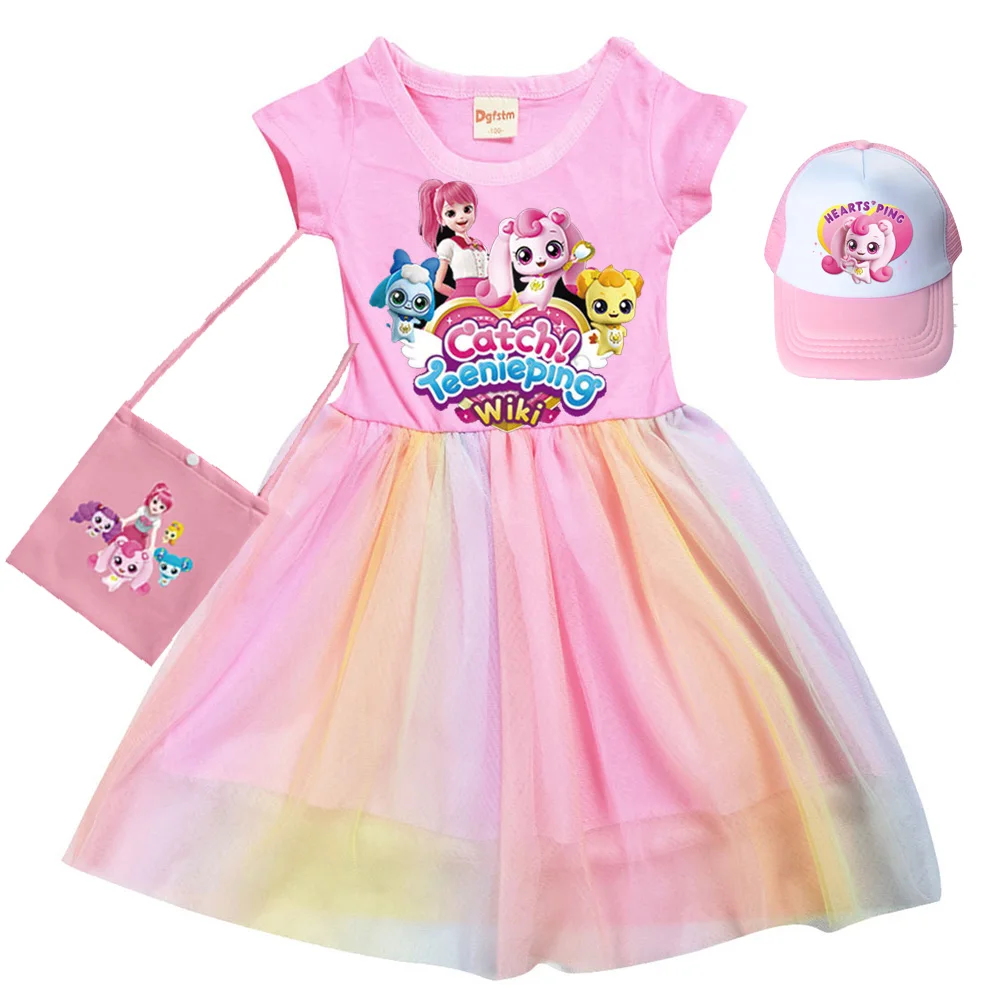 

티니핑 2023 Korean Kids Summer Junior Girl Clothing Set Elementary School Student Girl Clothes 캐치티니핑 Princess Clothes Dress+Cap+bag