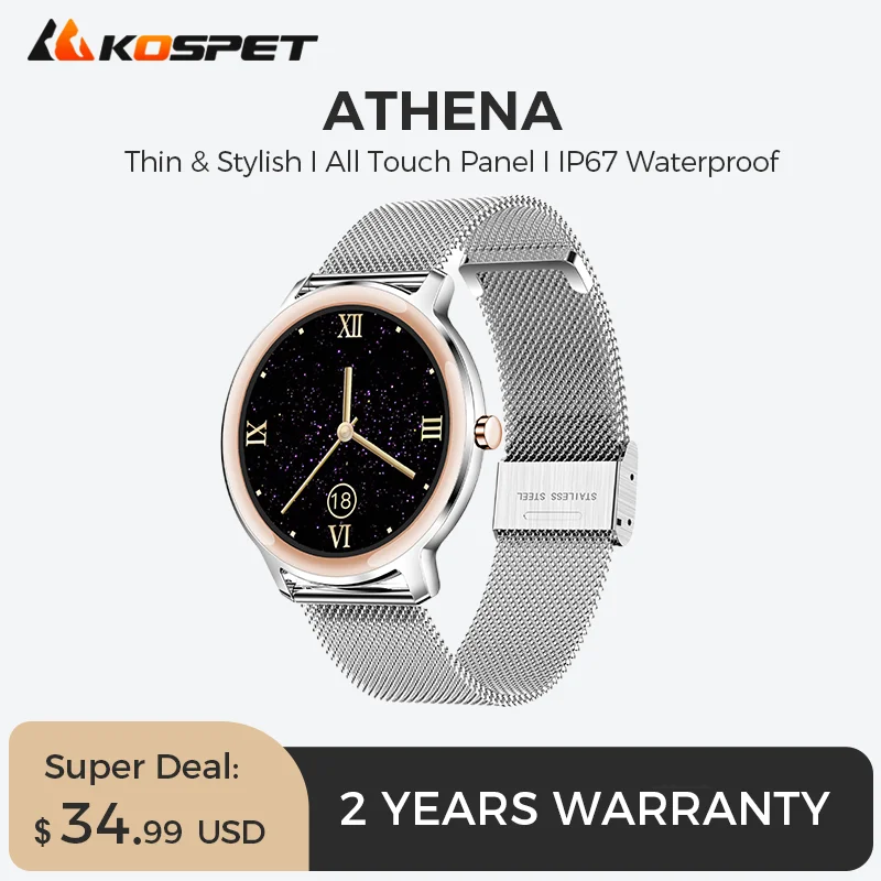 Cheap KOSPET reloj inteligente Athena para mujer, accesorio de pulsera deportivo con Bluetooth, control del ritmo cardíaco y de la presión sanguínea