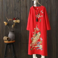 2022 chinese vintage qipao dress cotton and linen flower embroidery loose half sleeved cheongsam dress elegant oriental qipao
