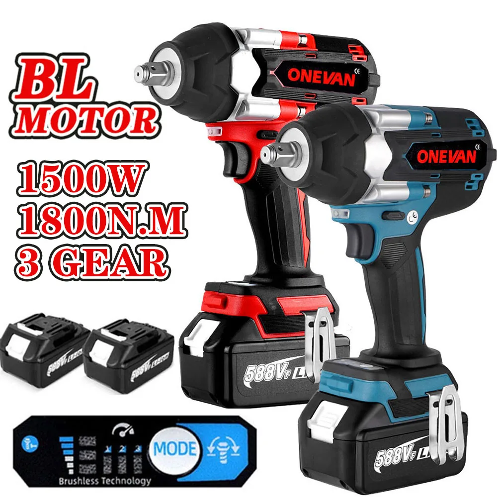 

1500W 1800N.M Brushless Electric Impact Wrench 1/2 Inch Cordless Rechargeable Power Tool with 2 Battery For Makita 18V Battery