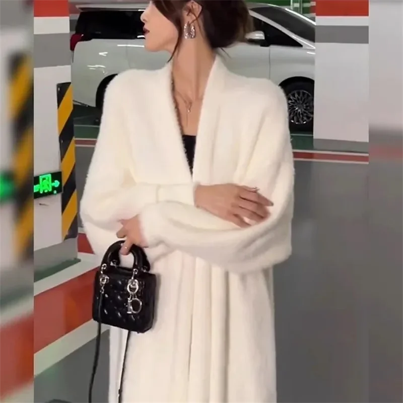 Мягкий и липкий свитер для женщин на осень зиму Ленивый синий мохеровый вязаный