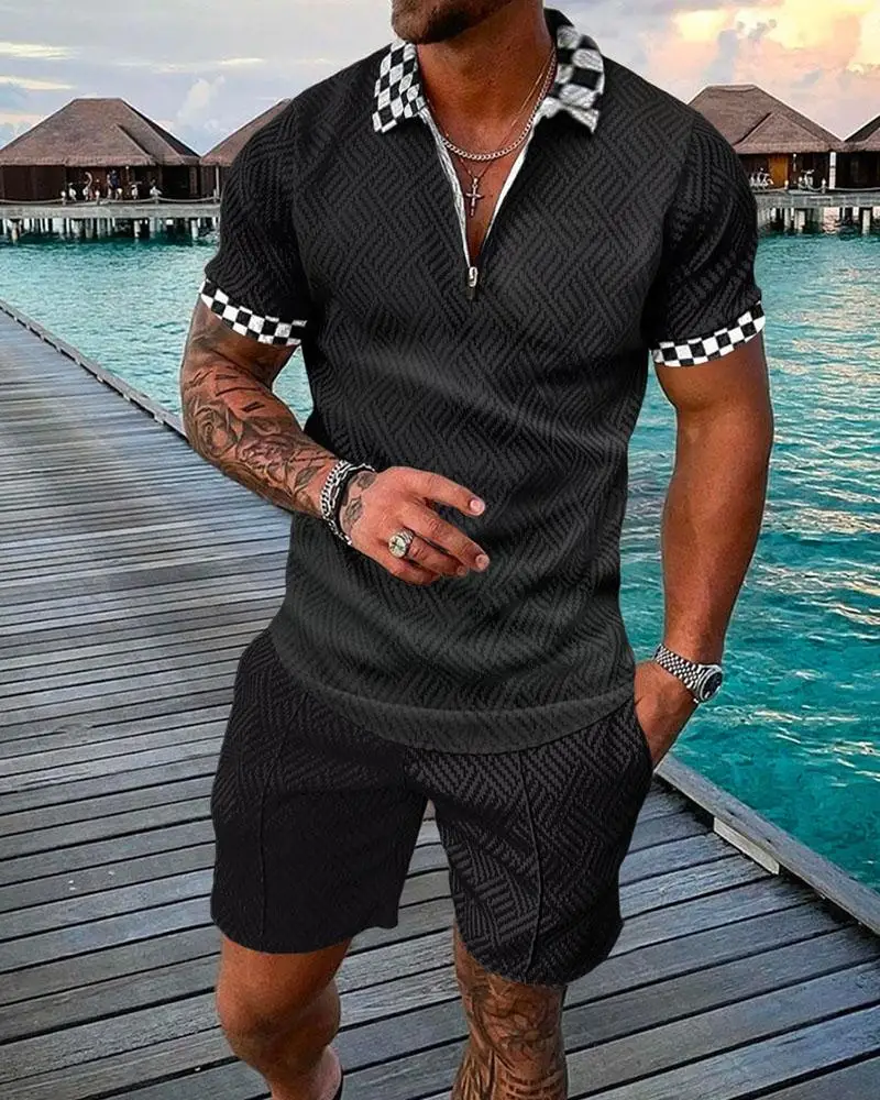 Summer Men Short-sleeved Polo Shirt Beach Shorts 3D Printed Zip-Collar Sports 2-piece Set High Quality Casual Fashion Polo Shirt