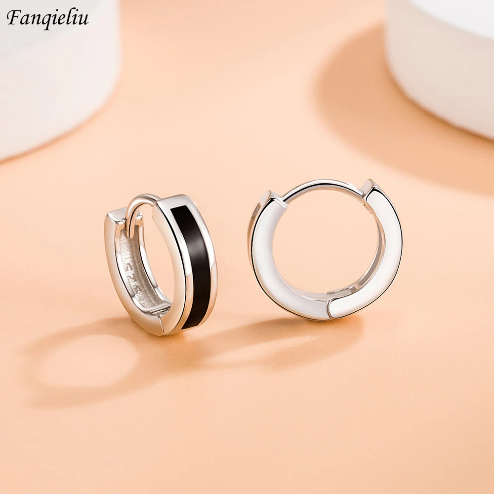 Женские серьги-кольца Fanqieliu, серебро 925 пробы, в виде черных колец, модные ювелирные украшения, подарок для девушки, FQL21511 Женские серьги-кольца Fanqieliu, серебро 925 пробы, в виде черных колец, модные ювелирные украшения, подарок для девушки, FQL21511