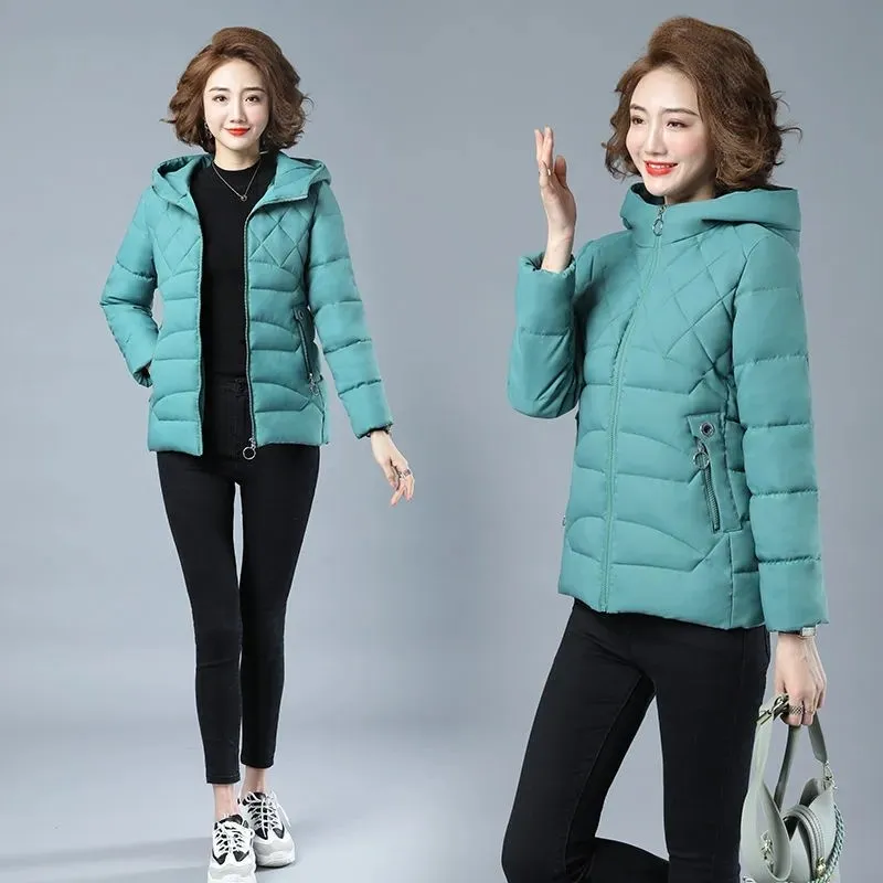 Short Women's Parka 2022 New Autumn Winter Padded Jackets Slim Waist Long Sleeve Hooded Collar Zipper Warm Casual Down Coats Top