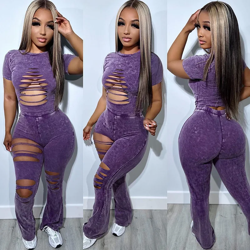 

Sexy Hollow Out Hole Two Piece Set Women Outfits 2023 Lounge Wear T Shirt Crop Top + Pants Slim Streetwear Matching Sets Y2K