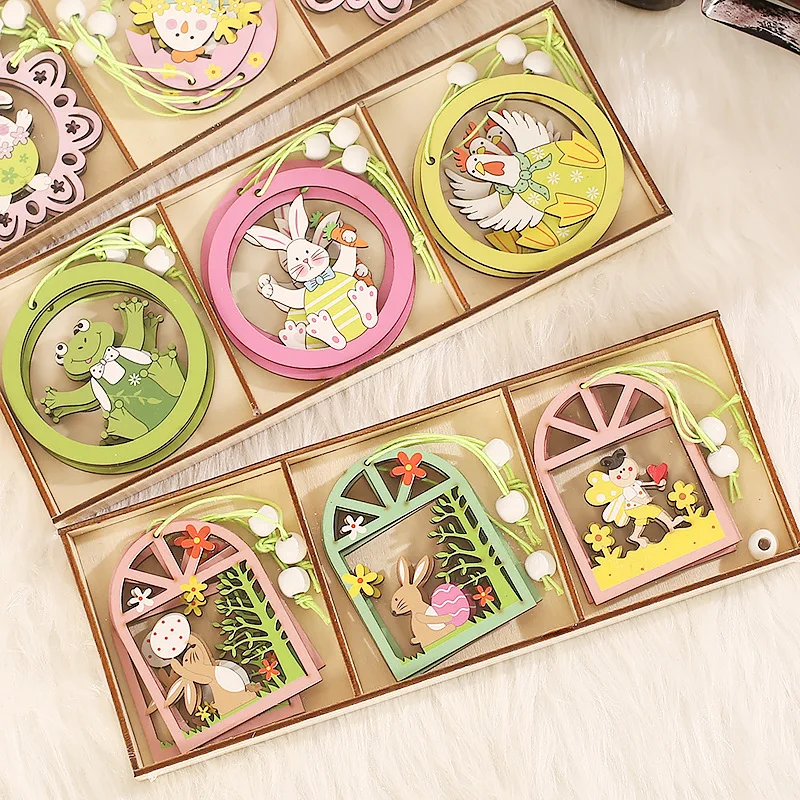

LuanQI 9Pcs Easter Painted Wooden Hanging Pendants Rabbit Eggs Ornaments Easter Bunny Crafts Party Decoration DIY Supplies