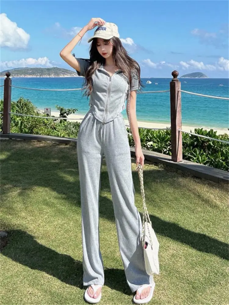 

2022 Summer 2-piece Women Causal Set Slim High Waist Wide Leg Pants Suit