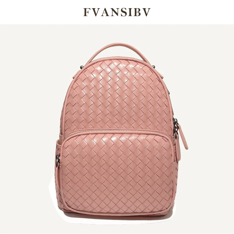 2022 Fashion New Backpack Authentic Leather Sheepskin Luxury Brand Design Woven Women's Schoolbag Pink Minimalist Style in Stock