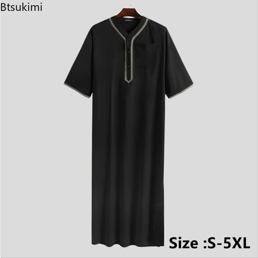 2023 Muslim Men Jubba Thobe Solid Button Kimono Middle Robe Saudi Muslim Man Shirt Stand Collar Islamic Arabic Kaftan Men Abayas