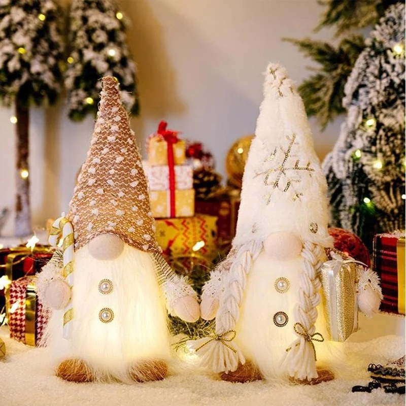 

Набор из 2 рождественских гномов, рождественские фигурки гномов с подсветкой, Плюшевые рождественские украшения-Белые зимние праздничные гномы