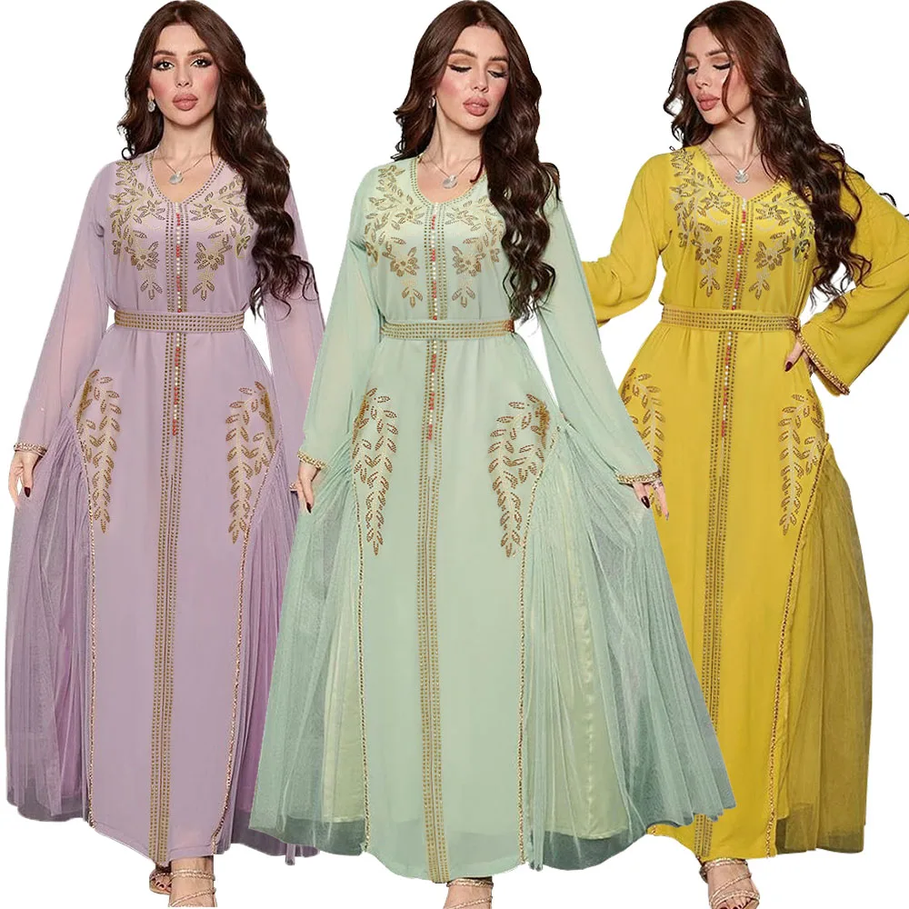 

Diamonds Chiffon Abaya for 2023 Fashion Muslim Chiffon Maxi Dress Turkey Evening Party Dubai Kaftan V-neck Gown Jalabiya Vestido