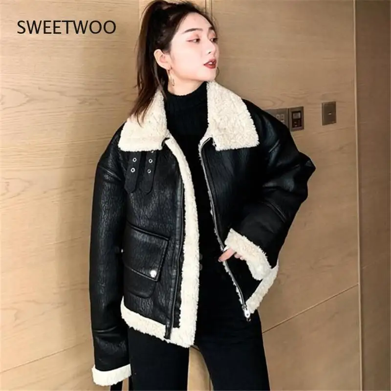 Women High Quality Black Motorcycle Jacket Thermal Padded Warm Parkas Short Design Lamb Fur Flight Coat Contracted Slim 2022