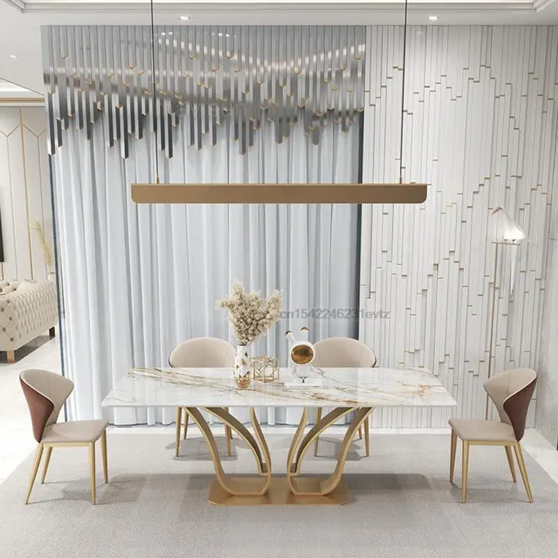 

Luxury Dining Room Swan Shape Rectangular Island Table 1.8m And 6 Chairs Set Golden Coffee Kitchen Design Marble Furniture