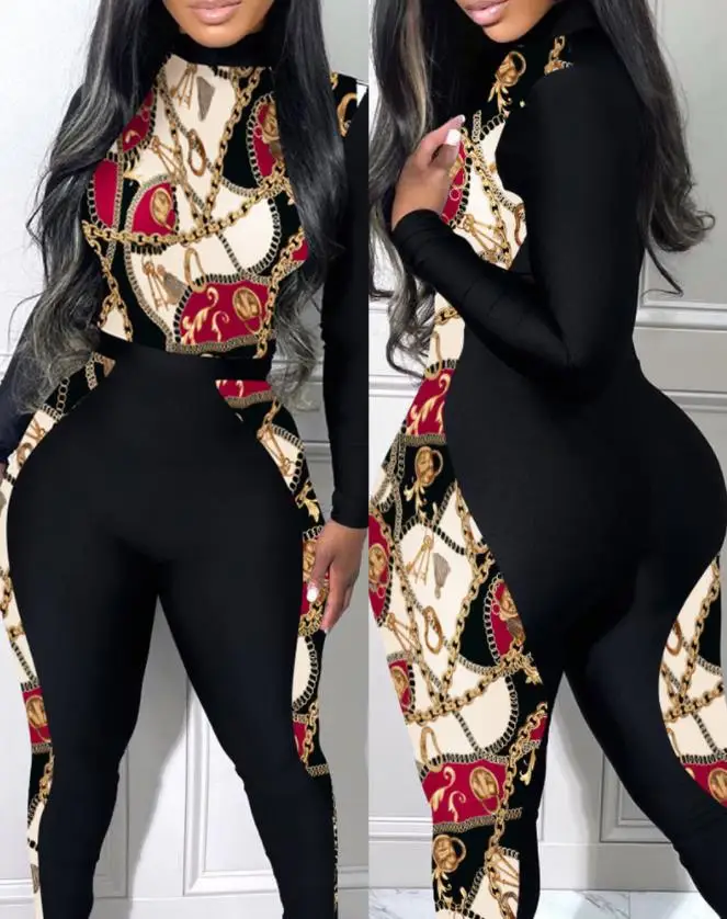 

Bodysuit Scarf Chain Print Long Sleeve Jumpsuit 2022 Autumn Europe and America Sexy Fashion Women's Clothing