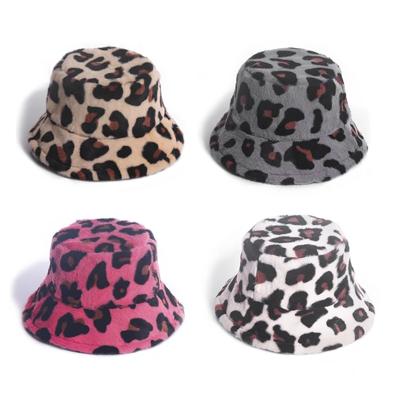 

Leopard Fishing Caps Panama Fisherman Hat Warm Soft Faux Fur Winter Bucket Hat For Women Ladies