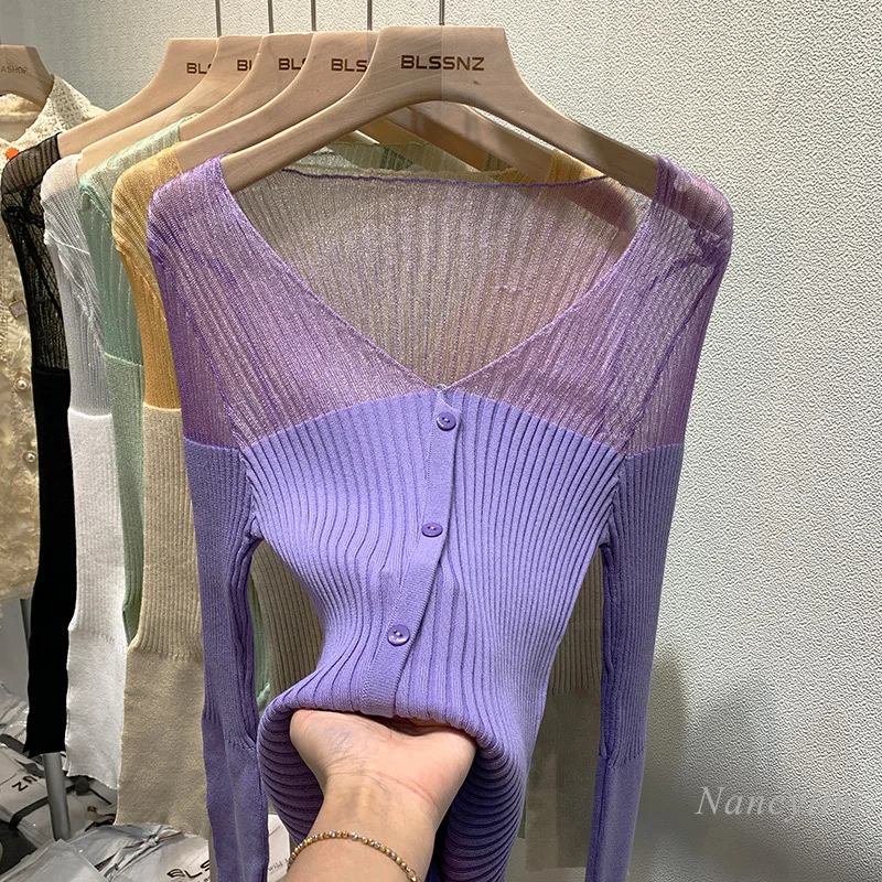 

European style clothes womens knitted tshirt Purple Bottoming top slim fit