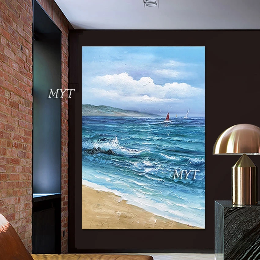 

Легкая Картина на холсте, пейзаж, 3d картины, абстрактная Настенная картина Seacape, Безрамная синяя акриловая текстура, картины маслом Парусник...
